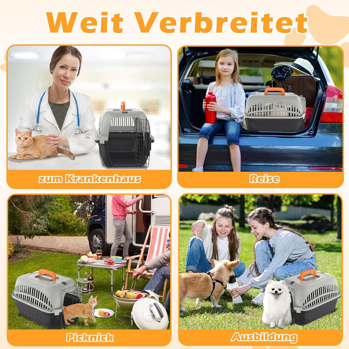Froadp Pet Transportbox Schwarz + Grau, Katzentransportbox mit Metalltür, Transportbox Hund aus PP-K