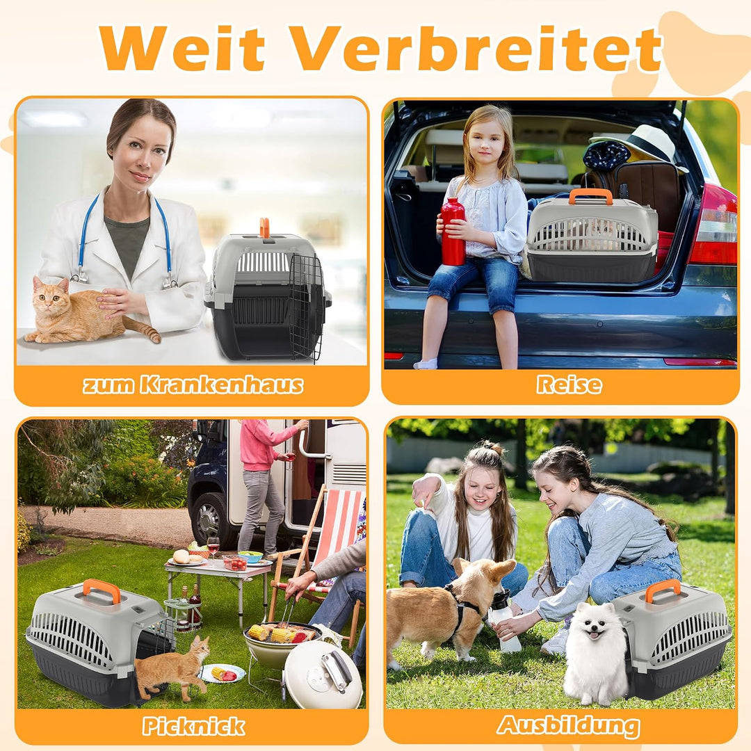 48 x 32 x 32 cm Katzentransportbox, Schwarz + Grau Pet Transportbox für Kleine Haustiere, Katzen und