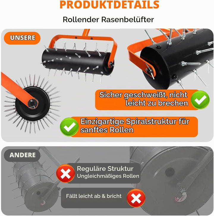 Rasenlüfter Walze, Rasenbelüfter Manuell, Handvertikutierer Rollend mit 42 Nägeln 5cm &amp; Spritzschutz