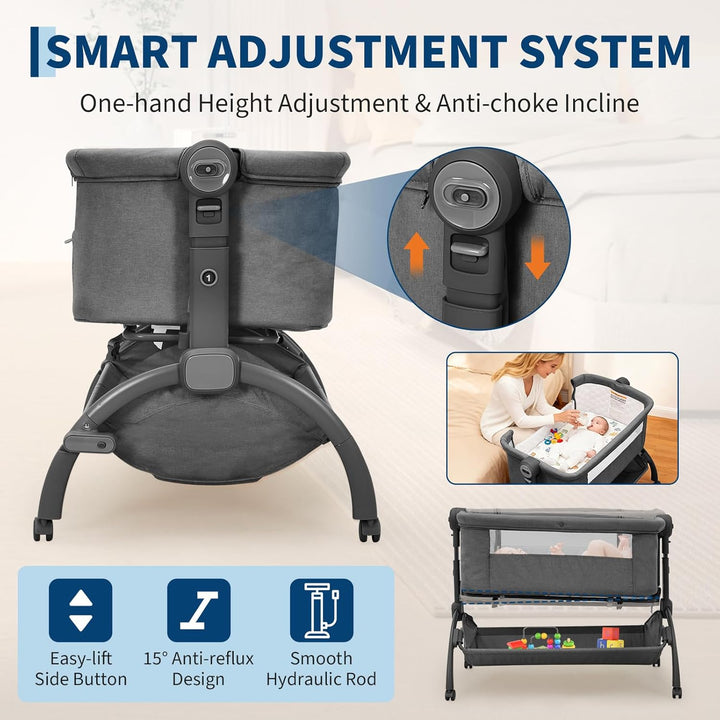 GarveeTech Beistellbett Baby höhenverstellbar mit Matratze, Mesh-Seiten, Wiegefunktion, Rollen mit B