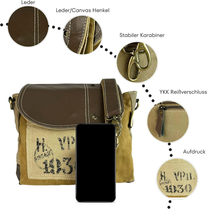 Sunsa Vintage Umhängetasche. Kleine Tasche aus Canvas & Leder. Nachhaltige Messenger Bag. Geschenk I
