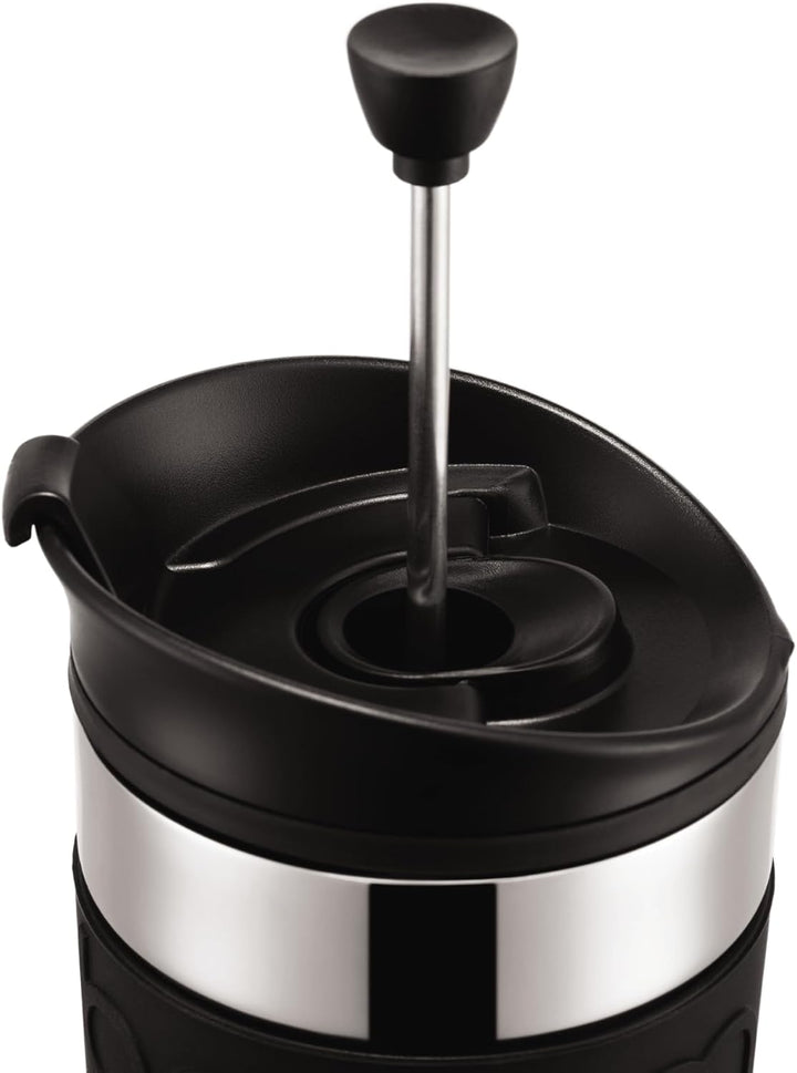 Bodum K11067-01 Travel Press Kaffeebereiter aus Edelstahl in schwarz mit Ersatzdeckel, 350 ml Schwar