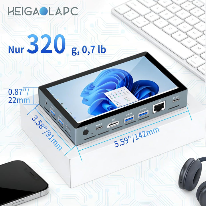 Mini PC mit 5,5 Zoll Touchscreen Display, Intel N5100 Quad-Core, 8GB RAM 128GB SSD, Win 11, Dual 4K