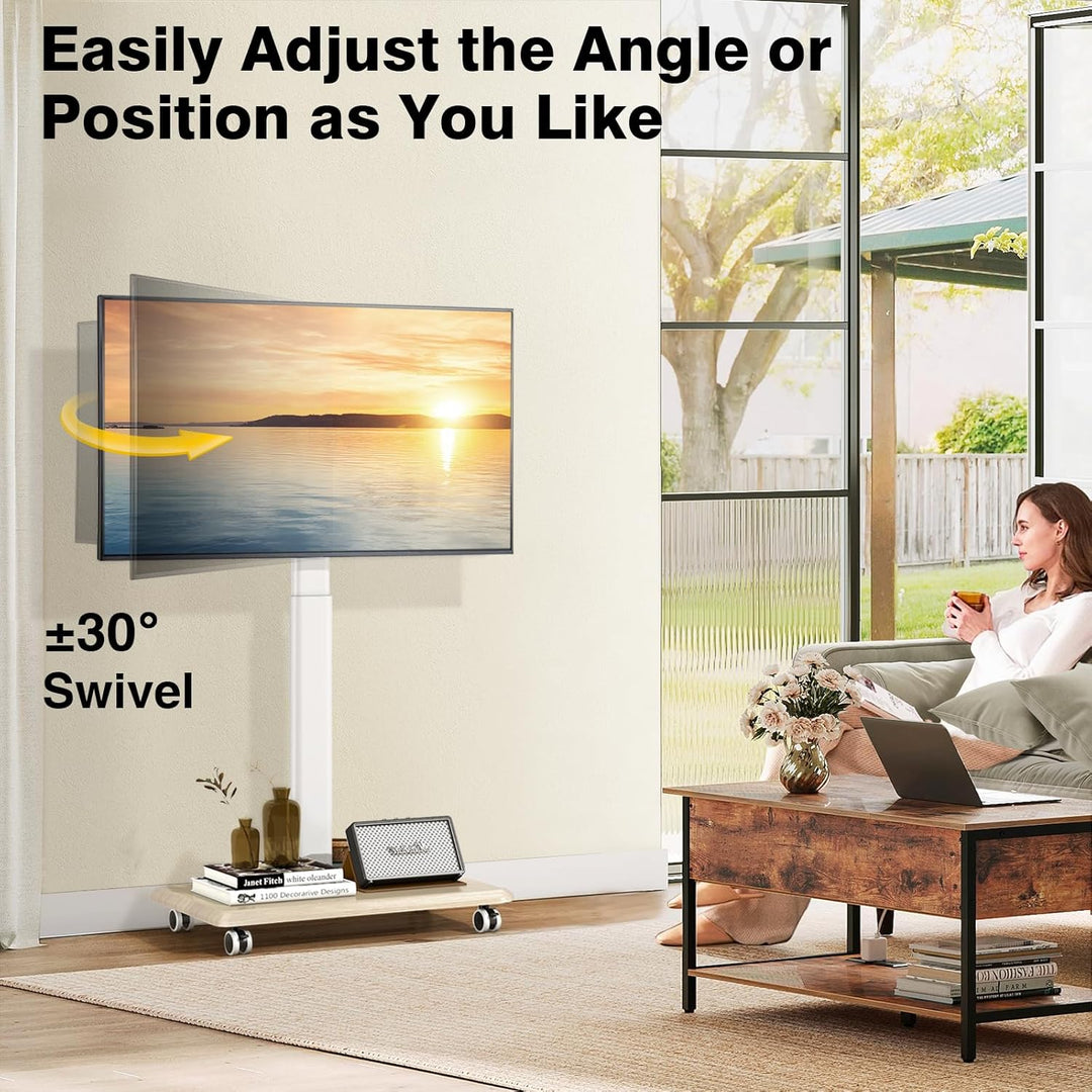 TVON Weiss TV Ständer mit Rollen für 32-65 Zoll Fernseher, Holz TV Standfuss Mobiler Fernsehständer