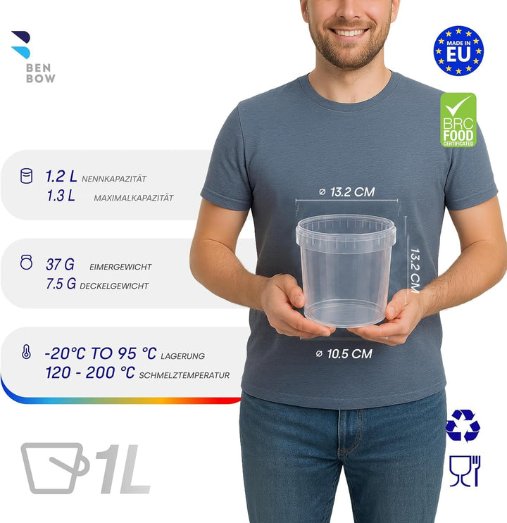 BenBow Eimer mit Deckel 1l Transparent 100x 1 Liter - lebensmittelecht, stabil, luftdicht, auslaufsi