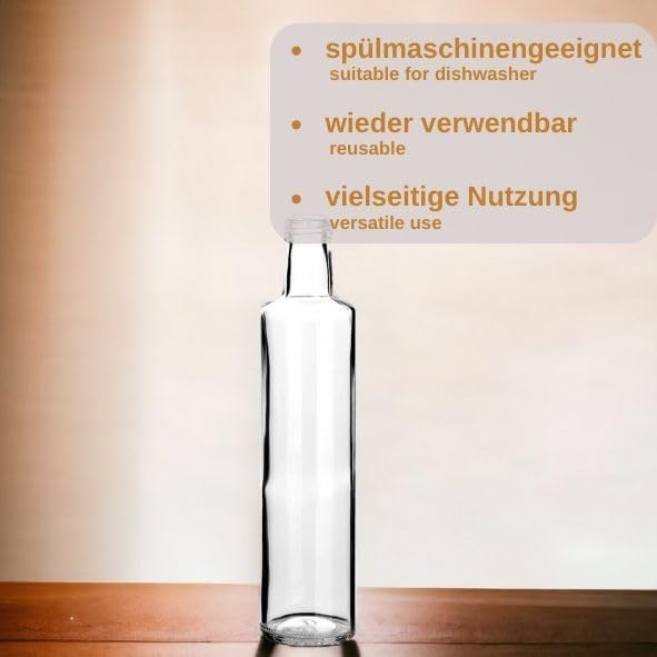 gouveo 12er Set 500ml Glasflaschen Dorica klar mit goldfarbenem PP 31,5 Schraubverschluss - Essigfla