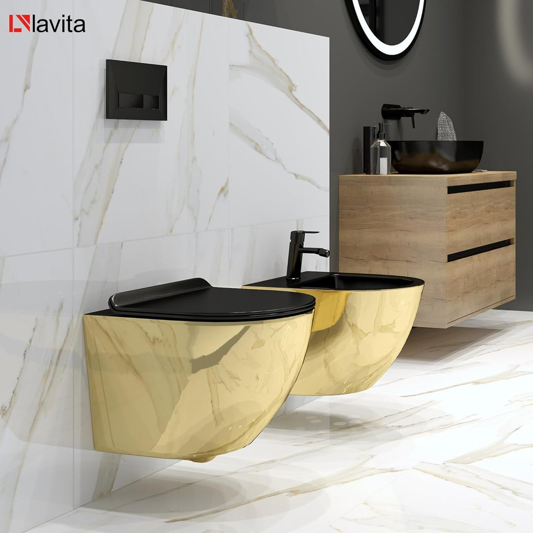 LAVITA Wand-WC Sofi Slim Gold/Black Hänge Toilette WC Sitz Colordeckel mit Absenkautomatik &amp; Metalls