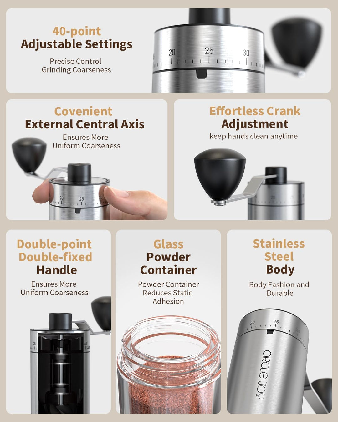 CIRCLE JOY Tragbare Manuelle Kaffeemühle mit keramischem Konischem Frässtift und 40 Externen Einstel