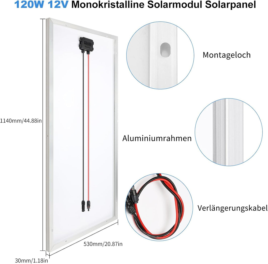 120W Monokristallines Solarpanel-Kit 12V Solarpanel 120 Watt Solarmodul enthält 20A Bluetooth Solarl
