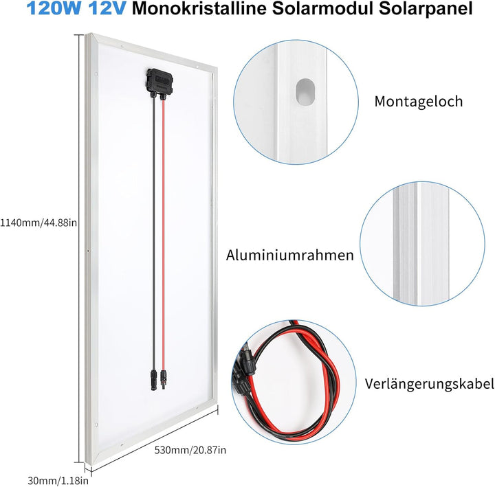 120W Monokristallines Solarpanel-Kit 12V Solarpanel 120 Watt Solarmodul enthält 20A Bluetooth Solarl
