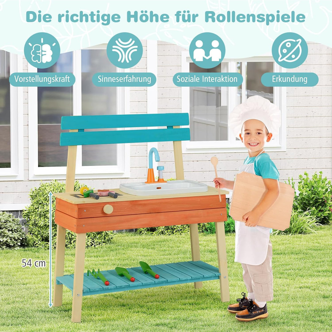 COSTWAY Matschküche Kinder Outdoor, Kinderküche Holz mit Wasserhahn & Grill, inkl. Holzspiessen, Leb