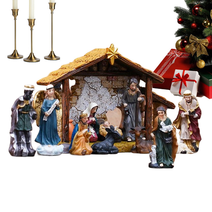 Generisch Krippenfiguren Set 12 Stück,Religiöse Jesus Geburt Skulpturen Resin | Katholisch Christlic