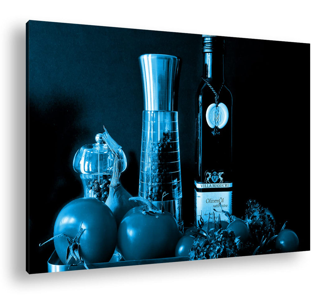 deyoli Dark Tablett mit gesunden Lebensmitteln Format 80x60 Effekt: Monocrome Blau als Leinwandbild,
