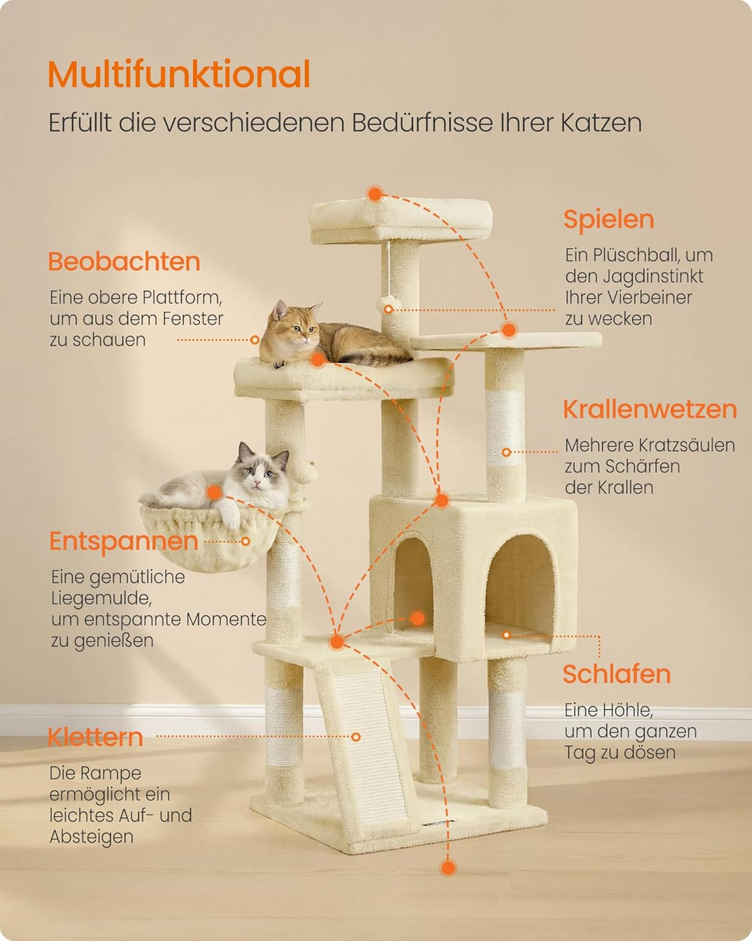 Feandrea Kratzbaum, 136 cm hoch, Katzenbaum, mehrstöckiges Katzenhaus, mit 4 Kratzsäulen, 3 Plattfor