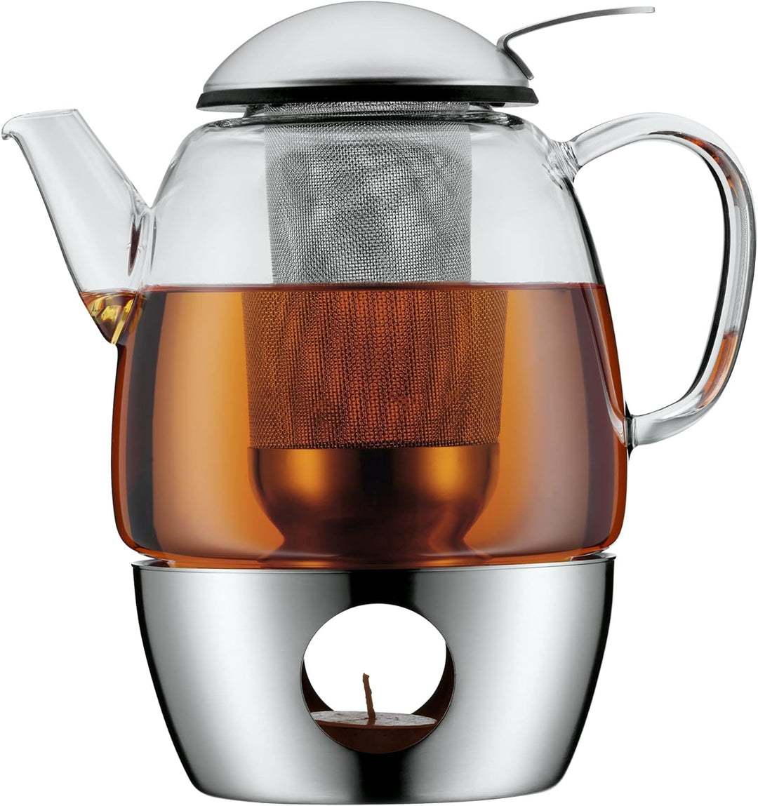 WMF SmarTea Teekanne mit Stövchen Set 3-teilig, Cromargan Edelstahl, Glaskanne 1l mit Siebeinsatz un