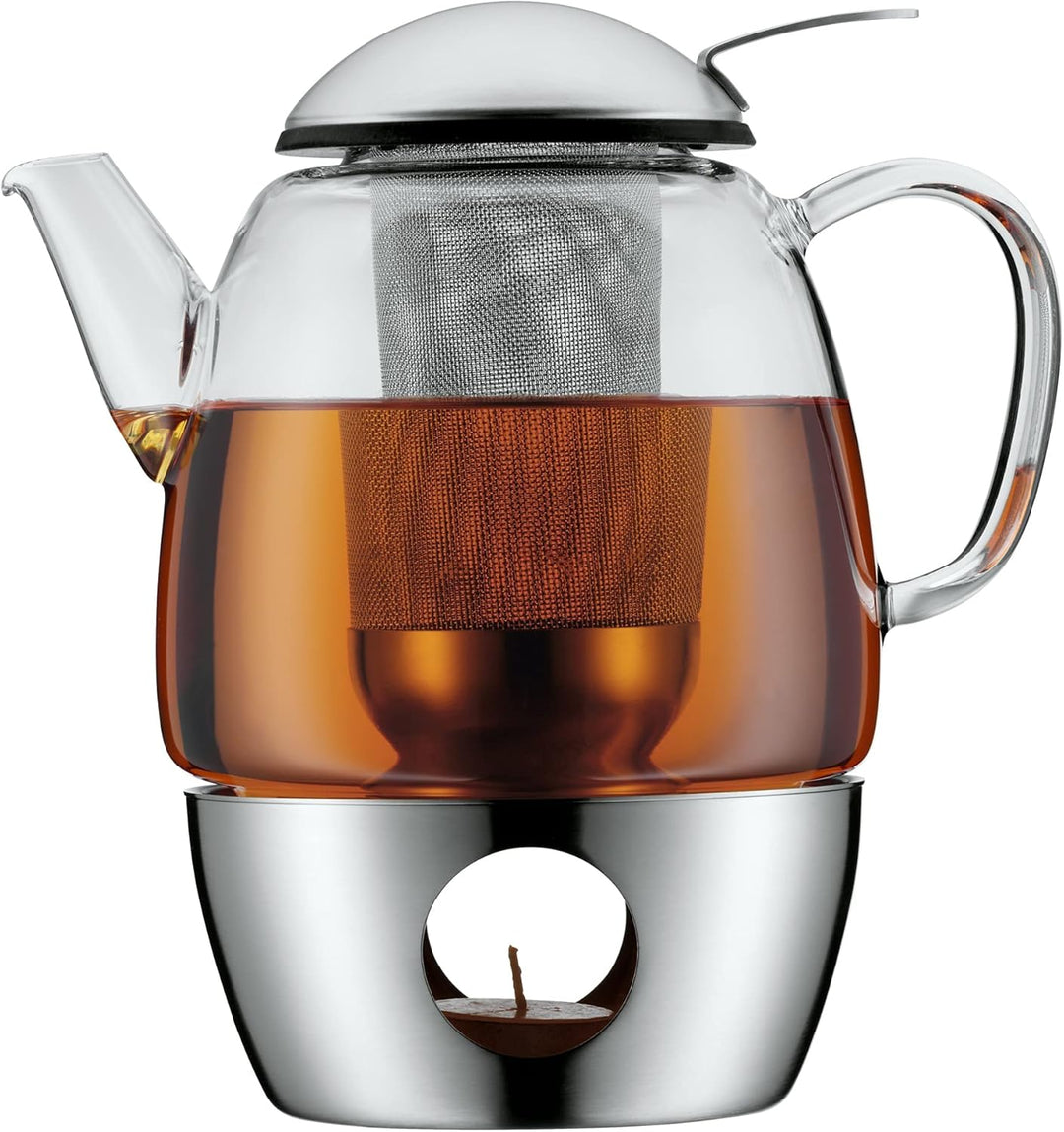 WMF SmarTea Teekanne mit Stövchen Set 3-teilig, Cromargan Edelstahl, Glaskanne 1l mit Siebeinsatz un