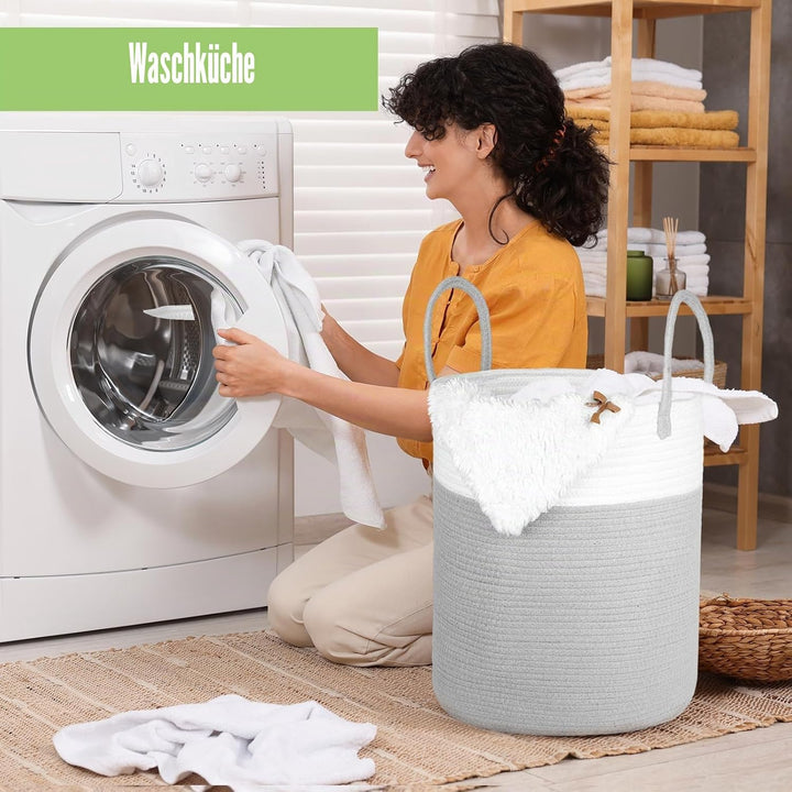 Wäschekorb Geflochten aus Baumwolle, 66L Wäschesammler Gross mit Henkel, Laundry Basket Aufbewahrung