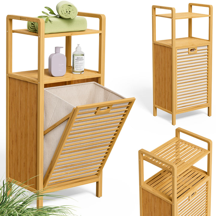 Casaria® Badregal mit Wäschekorb 40 L Wäschesammler Bambus Holz Wäschesack Herausnehmbar 96x40x30cm
