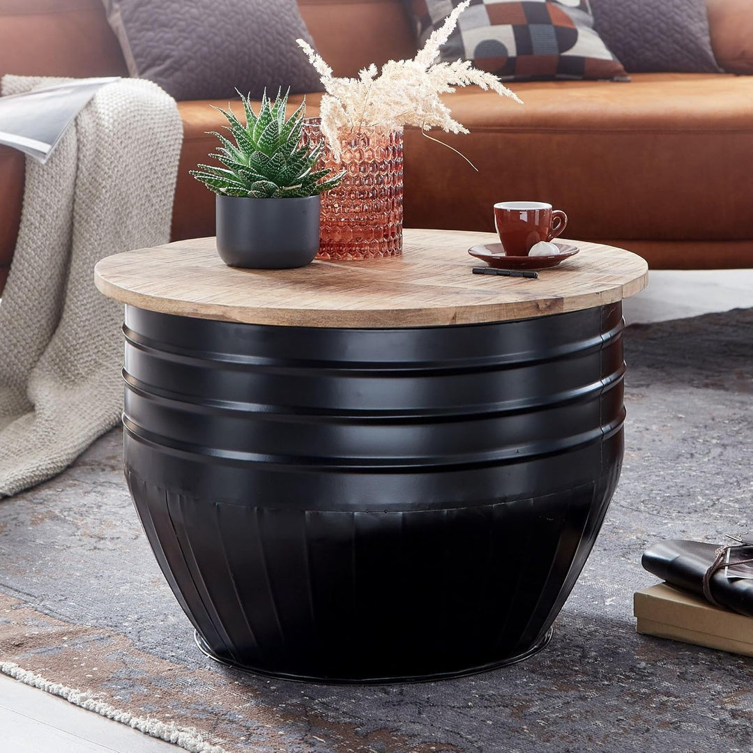 FineBuy Couchtisch Mango Massivholz Metall 60x41x60 cm Industrial Style Rund | Design Wohnzimmertisc