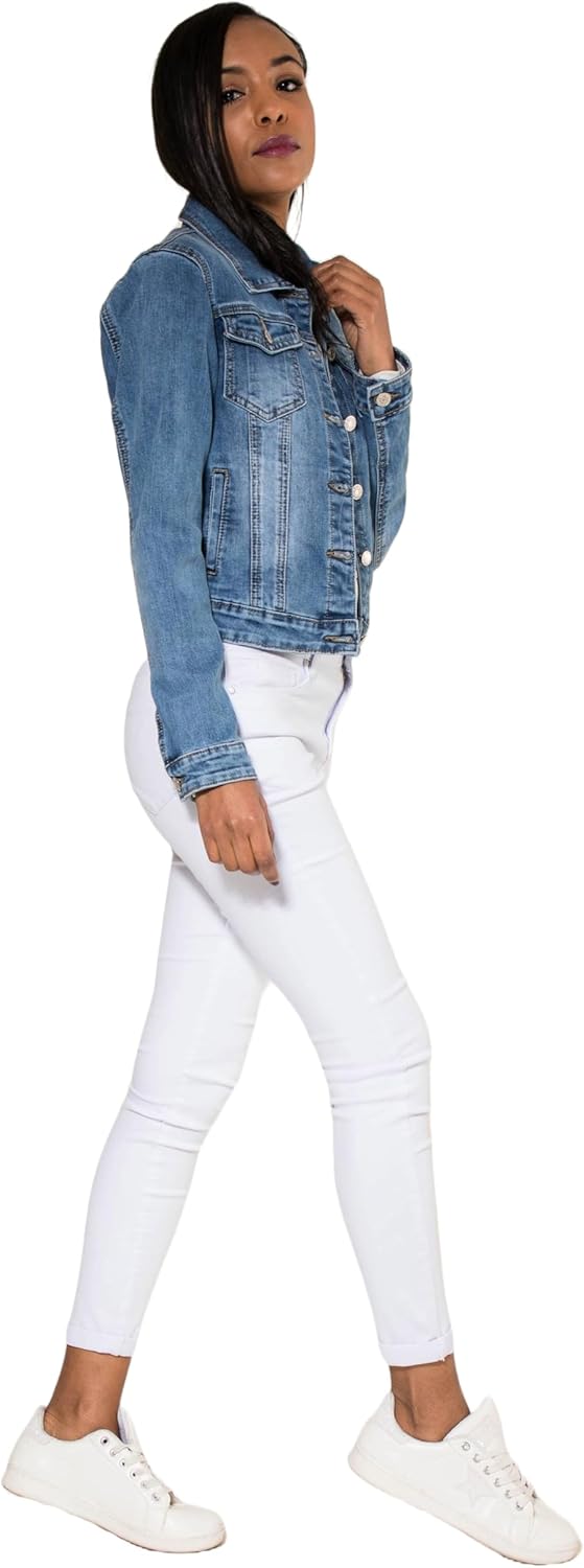 Nina Carter S338 Damen Jeansjacke Übergangsjacke Leichte Waschungseffekt Jacke Blau Denim Casual M H