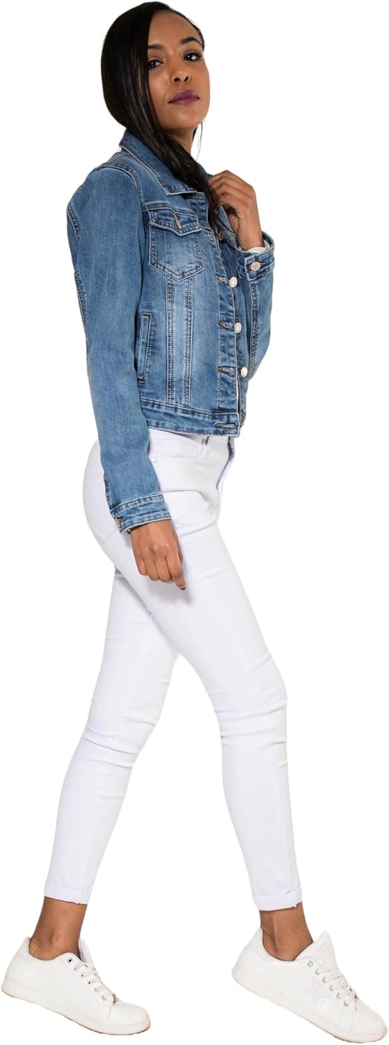 Nina Carter S338 Damen Jeansjacke Übergangsjacke Leichte Waschungseffekt Jacke Blau Denim Casual S H