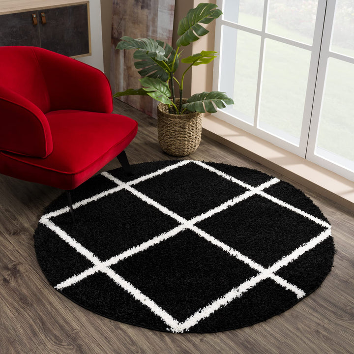 SANAT Madrid Shaggy Teppich Rund - Hochflor Teppiche für Wohnzimmer, Schlafzimmer, Küche - Schwarz,