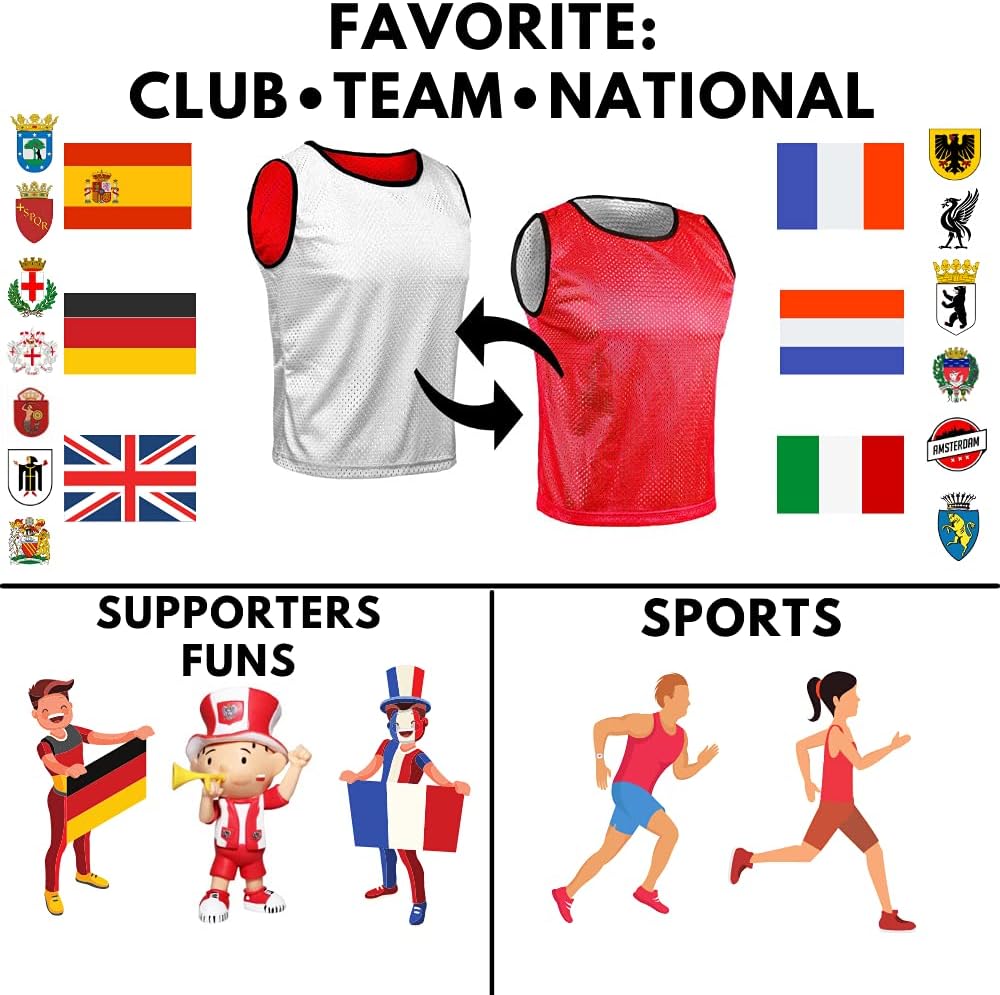 SPORTSBIBS 6X Fussball Leibchen für Kinder und Erwachsene - Set von 6 Stück - Wendeleibchen 2-Farbig