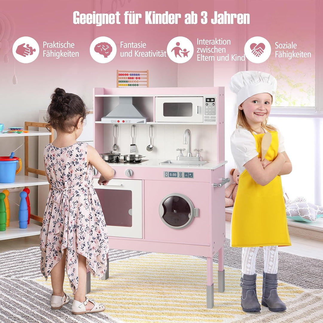 COSTWAY Kinderküche Holz, Spielküche mit Licht und Sound, Holzküche inkl. Zubehör mit Tafel, Mikrowe