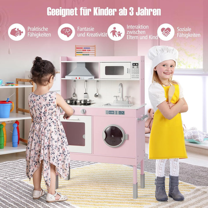 COSTWAY Kinderküche Holz, Spielküche mit Licht und Sound, Holzküche inkl. Zubehör mit Tafel, Mikrowe