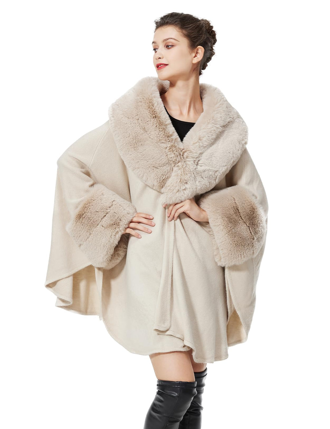 BEAUTELICATE Kunstpelz Poncho Stola Damen Umhang Cape Herbst Strickjacke Winter Mantel Mit Kunstfell