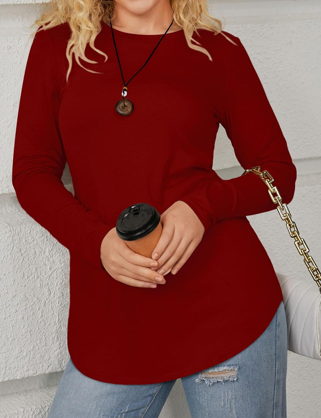 Beluring T-Shirt Damen Lässig Kurzarm/Langarm Oberteile Rundhals Longshirt L Weinrot, L Weinrot