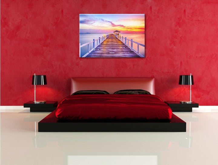 Pixxprint Steg ins Meer bei Sonnenuntergang als Leinwandbild/Grösse: 100x70 cm/Wandbild/Kunstdruck/f