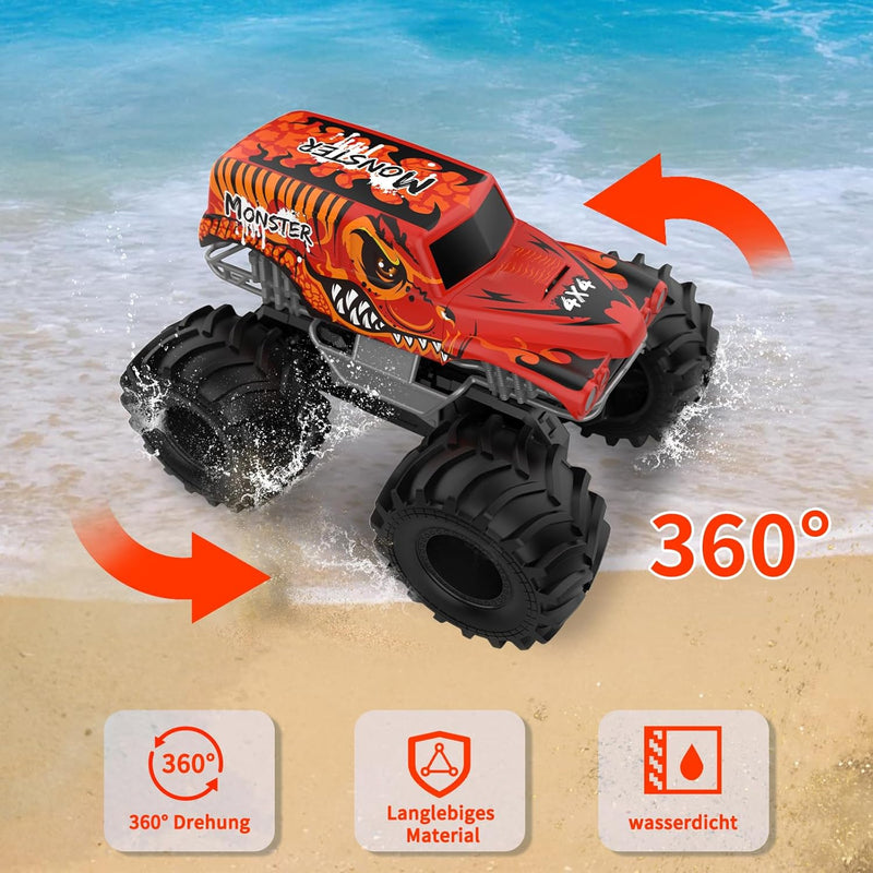 Carox Amphibienfahrzeug Ferngesteuertes Auto, 2.4 Ghz 1500mah RC Auto, Wasserdicht Monstertruck Auto