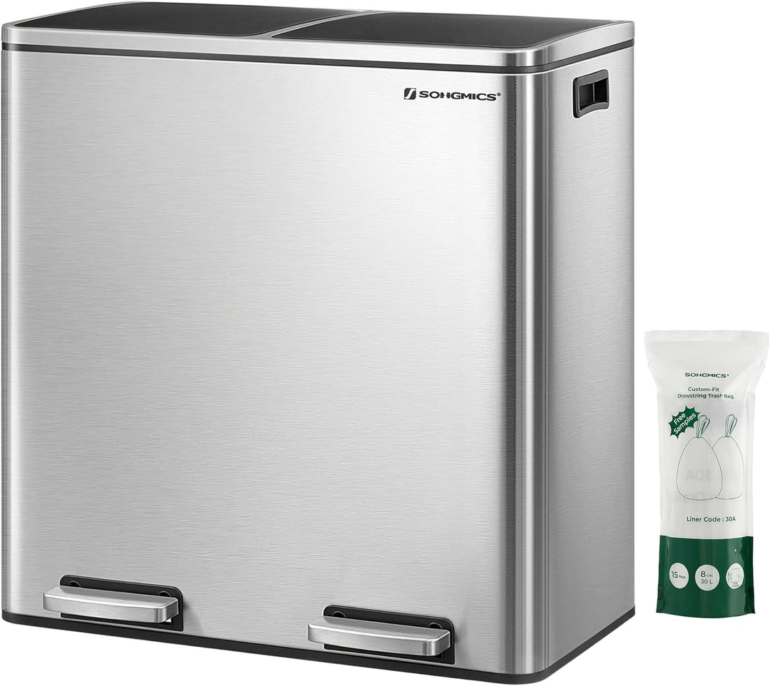 SONGMICS Mülleimer, 2 x 30 L, 2 Fächer, Mülltrennsystem, Treteimer, Abfalleimer Küche, 15 Müllsäcke,