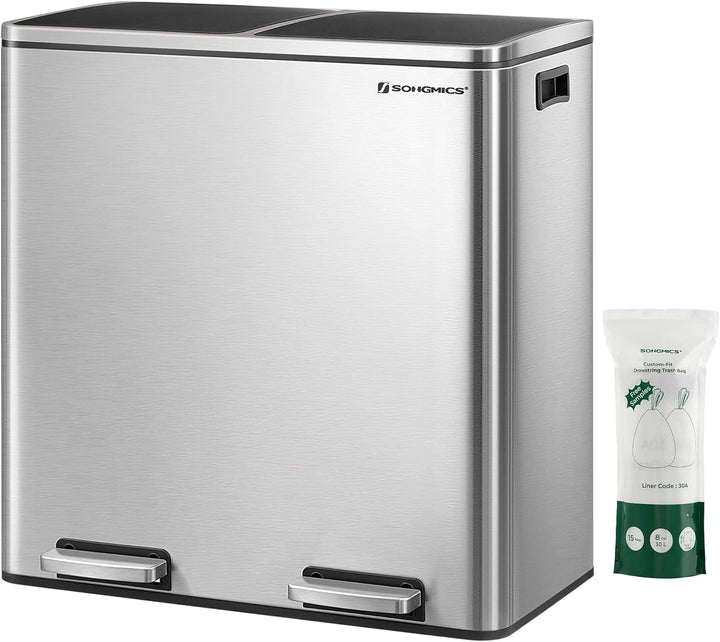 SONGMICS Mülleimer, 2 x 30 L, 2 Fächer, Mülltrennsystem, Treteimer, Abfalleimer Küche, 15 Müllsäcke,
