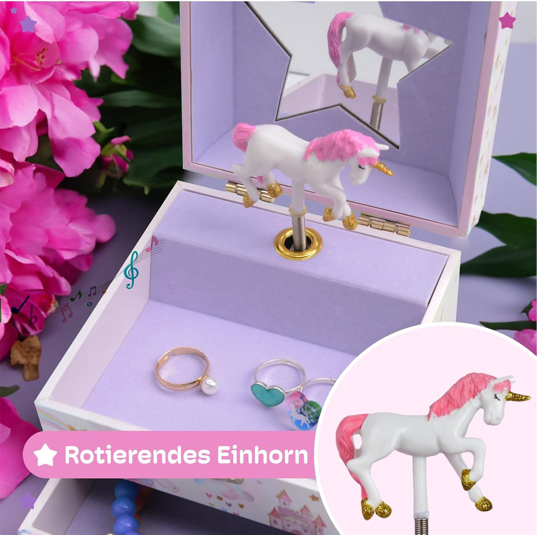 Jewelkeeper Musikalisches Schmuckkästchen Kinder Mädchen - Einhorn Schmuckkasten mit Glitzer Regenbo