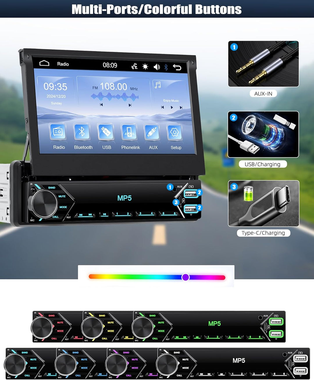 CAMECHO 1 DIN Wireless Carplay Android Auto, 7 Zoll Auto Bildschirm Videoausgang/AUX-IN/FM/TF/Mirror