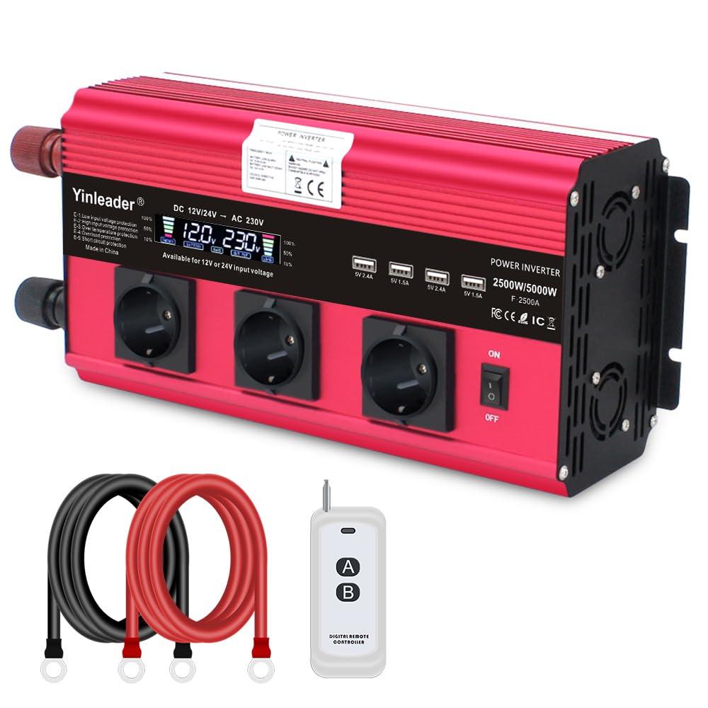 Yinleader Wechselrichter 12V/24V zu 230V 2500W / 5000W Spannungswandler 3 AC Steckdosen und 4 USB-An