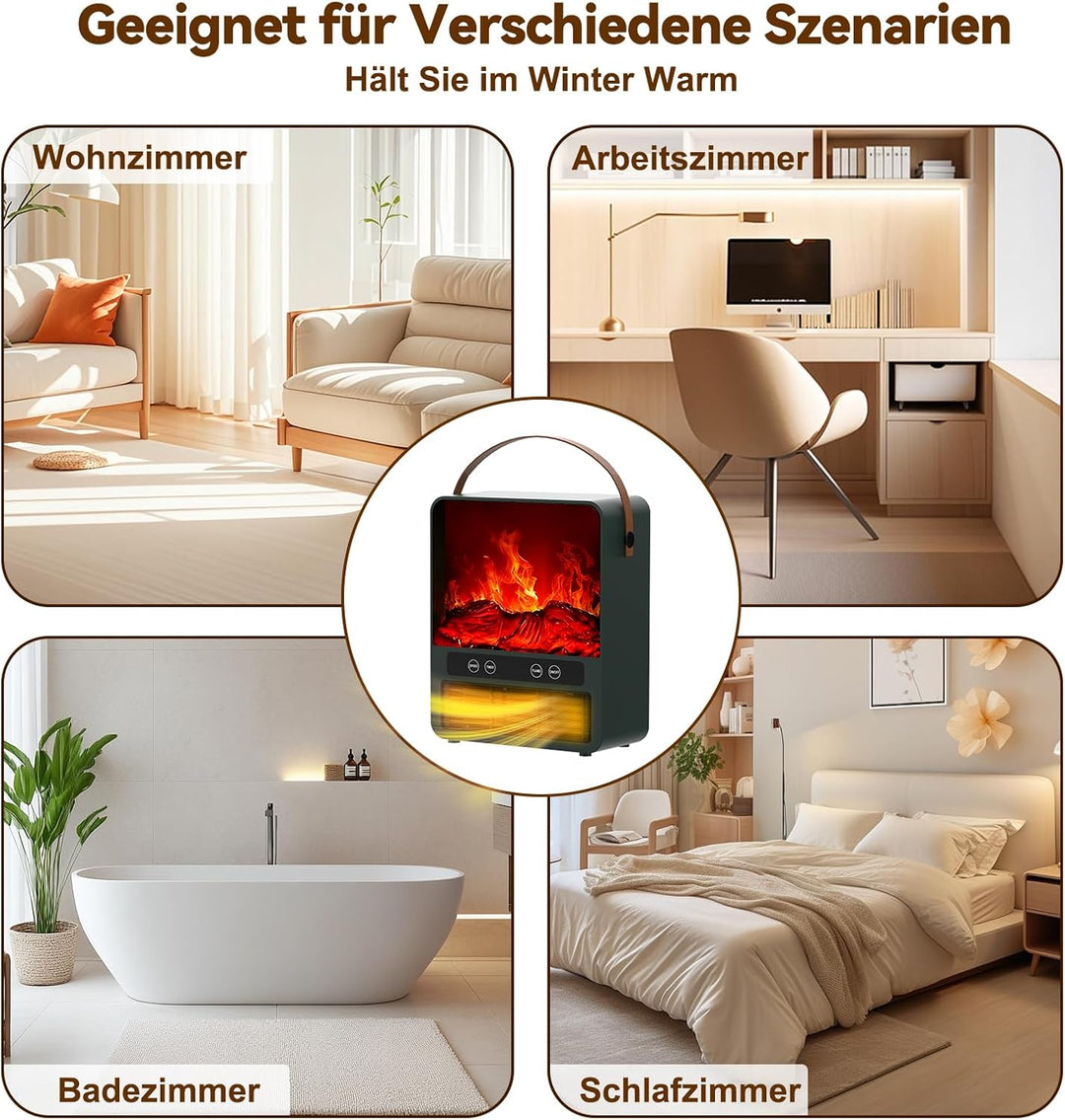 Keramik Heizlüfter Energiesparend, Kamin-Optik – 3D-Flammeneffekt, 1500W Heizung Elektrisch, 3 Stufe