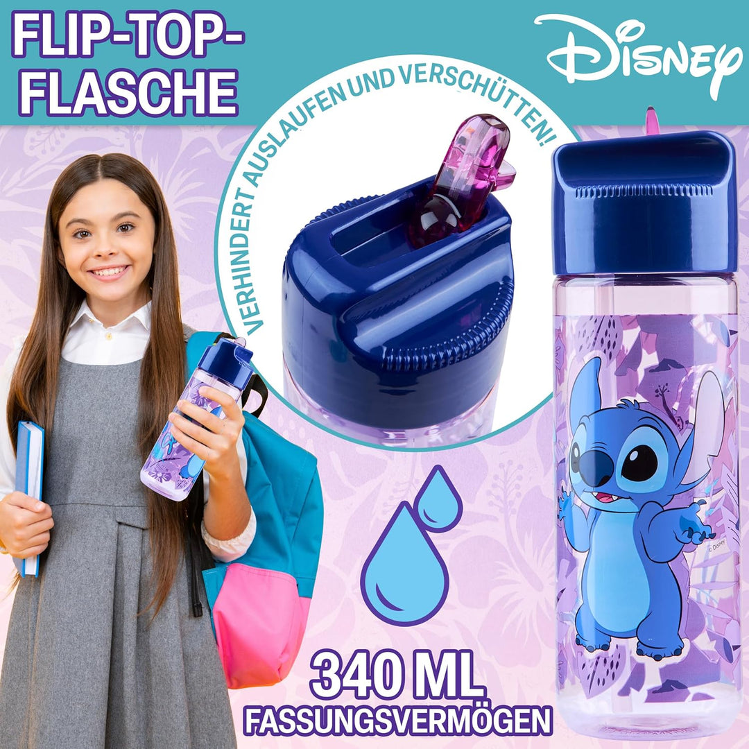 Disney Stitch Kinder Lunchbox mit Fächern und Wasserflasche für Schule und Ausflüge (Blau/Lila)