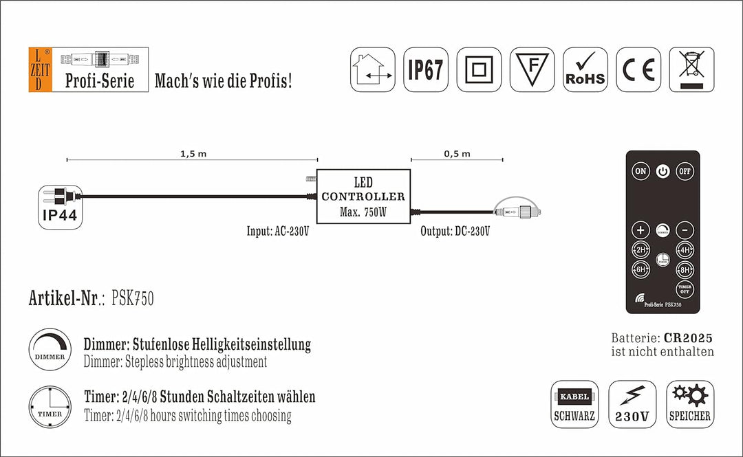 LEDZEIT - Profi Serie - LED Controller mit Netzstecker, Stufenloser Dimmer, Timer, mit Fernbedienung