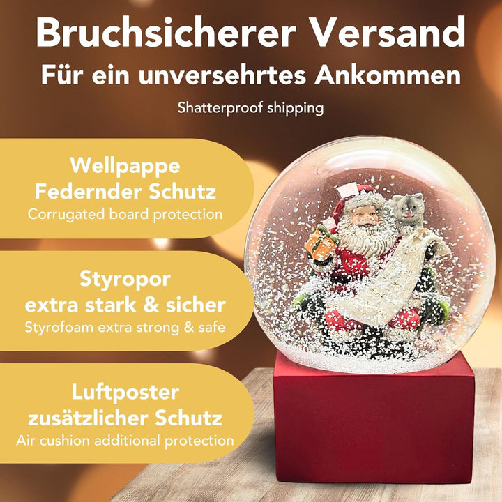 Schneekugel Weihnachten | Weihnachtsmann Geschenkeliste | Sockel rot | Höhe: 12cm Breite 10 cm | 202