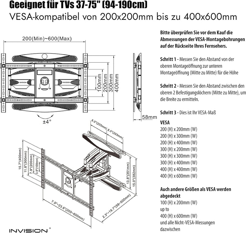 Invision TV Wandhalterung für 37-75 Zoll Bildschirme, Schwenkbar Neigbar und Ausfahren TV Halterung