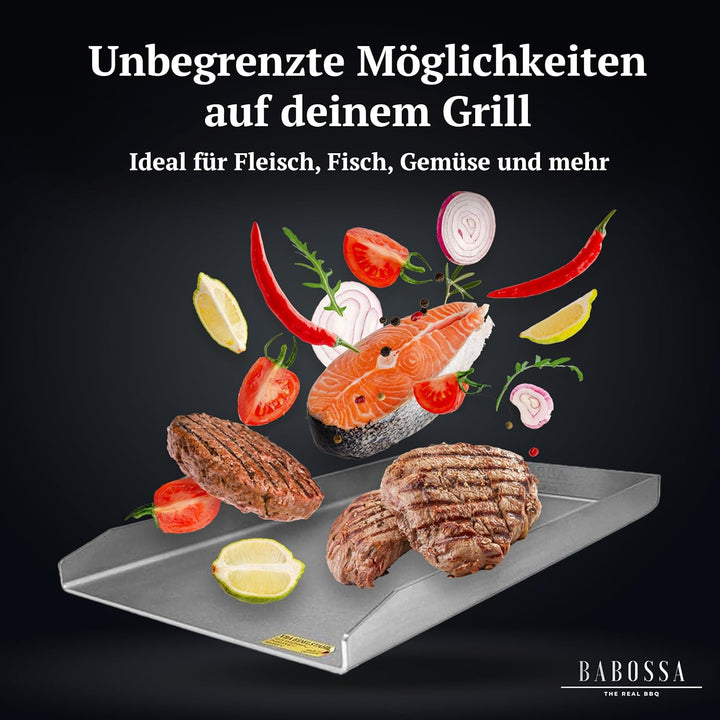 BABOSSA Grill Plancha aus V2A Edelstahl – Erstklassige Verarbeitung & perfekte Hitzeverteilung – kom