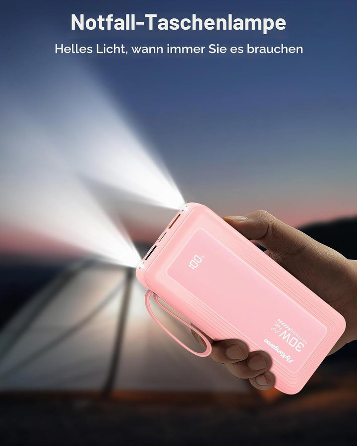 Powerbank 27000mAh mit 4 integrierten Kabel, 30W Power Bank USB C Schnellladefunktion mit LED Displa