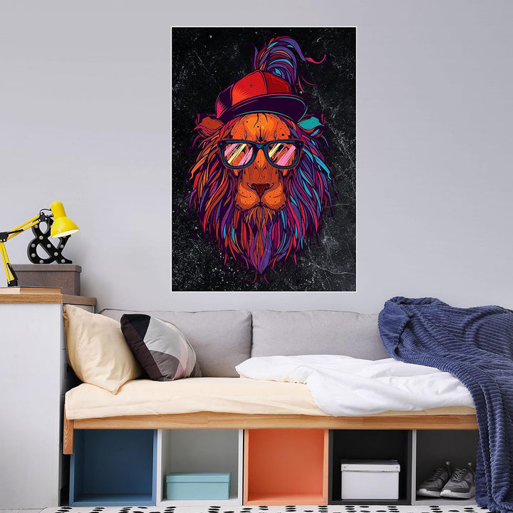 wandmotiv24 Poster als Wanddeko, Grösse 100x70cm, Funky Löwe, Marmor, bunt, Cap, Mütze, Brille, Nerd