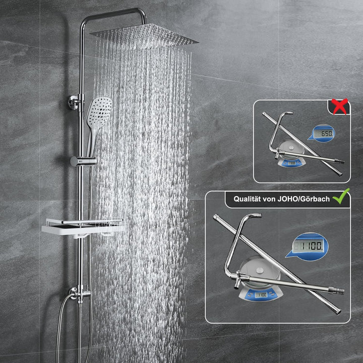 JOHO Edelstahl Regendusche Duschsystem Duschset Duschstange mit Ablage Chrom(Kopfbrause 25x25cm) 252