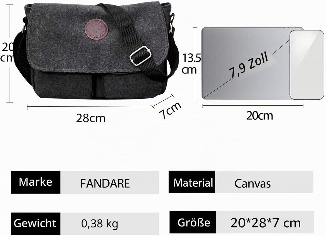 FANDARE Unisex Umhängetasche Leinwand Schultertasche 7.9 inch iPad Tasche Vintage Canvas Messenger T