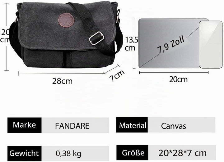 FANDARE Unisex Umhängetasche Leinwand Schultertasche 7.9 inch iPad Tasche Vintage Canvas Messenger T