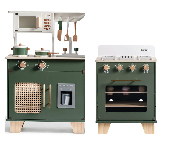 ROBUD Kinderküche + Spielzeugofen Holz für Kinder, Spielküche Kinder Küche mit Vorgetäuschtem Eiswür